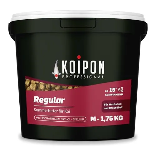 KOIPON Regular 1,75 kg Koifutter Sommer mit Spirulina - Hochwertiges Koifutter für den Sommer, speziell entwickelt für japanische Koi. Mit 1% Spirulina für optimale Nährstoffversorgung und verbesserte Farben. Ideal auch als Futter für Goldfische im Gartenteich.
