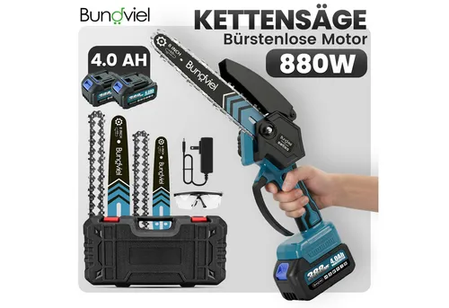 Bundviel Akku-Kettensäge 8 Zoll + 6 Zoll Elektro Mini Kettensäge mit 2x 4.0Ah Akkus, Mehrfacher Sicherheitsschutz, für Garten Holz und Astscheren
