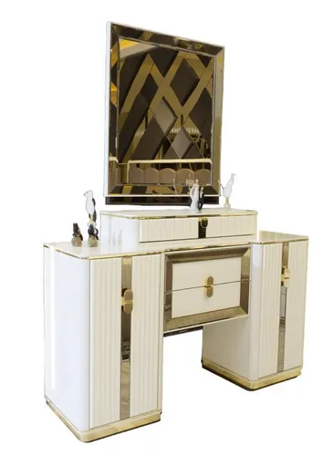 Hochglanz Schminktisch mit Spiegel und Schubladen in Weiß - Eleganter Schminktisch mit zwei Schubladen und rechteckigem Spiegel. Ideal für Schlafzimmer oder Wohnzimmer. Pflegeleicht und modern, bietet er praktische Aufbewahrung und stilvolles Design.
