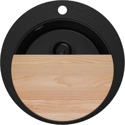 PRIMAGRAN Spülbecken Rund Alles Schwarz 50x50cm, Granitspüle 1 Becken + Ablauf-Set + Schneidebrett, Küchenspüle ab 45er Unterschrank - Pisa S025