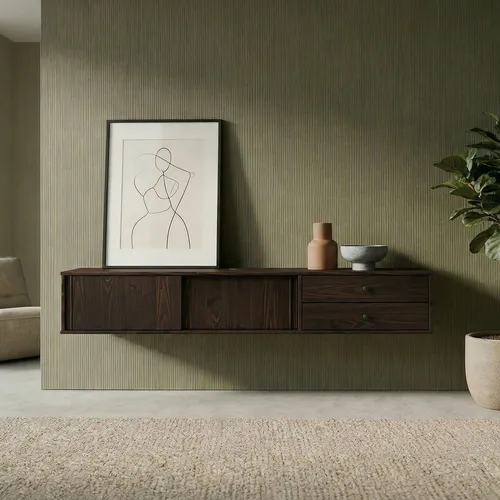 IDIMEX Lowboard Simona 175 cm - Hängendes TV Board aus Massivholz - Kompaktes Lowboard für die Wandmontage: 175 x 31 x 34 cm, ideal für platzsparende Lösungen. Das Nussbaum-Finish sorgt für eine warme Atmosphäre. Optimaler Stauraum hinter Schiebetüren und in Schubladen für Ordnung im Wohnzimmer.