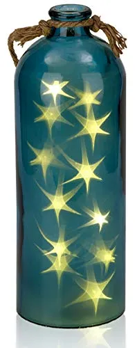 BRUBAKER Lichterflasche mit 10 LED Sternen zum Aufhängen 11 x 31,5 cm Blau