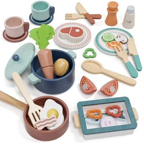 Lehoo Castle Kinderküche Zubehör, Spielküche Zubehör Holz, Kinder Küchenset, Kinderküche Geschirr mit Töpfe und Kochgeschirr, Spielzeug ab 3 Jahre