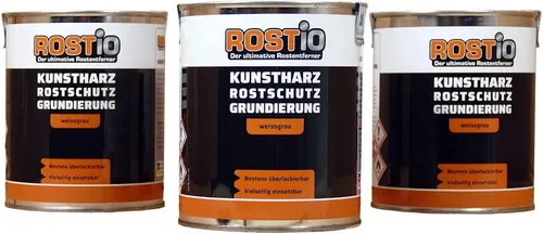 Rostio Rostschutzgrundierung 3-tlg. Kunstharz Rostschutz weissgrau - Metall-Grundierung mit hervorragender Haftung und hoher Füllkraft, ideal für Rostschutz und Überlackierung mit gängigen Lacksystemen. Ergiebig und salzsprühnebelbeständig.