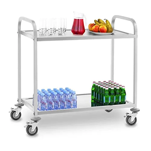 Royal Catering Servierwagen RCSW 3E - 2 Etagen Küchenwagen - Beistellwagen aus Edelstahl, bis 160 kg belastbar, mit Anti-Vibrationsdesign für leises Arbeiten und optimalen Komfort in Gastronomie und Haushalt.