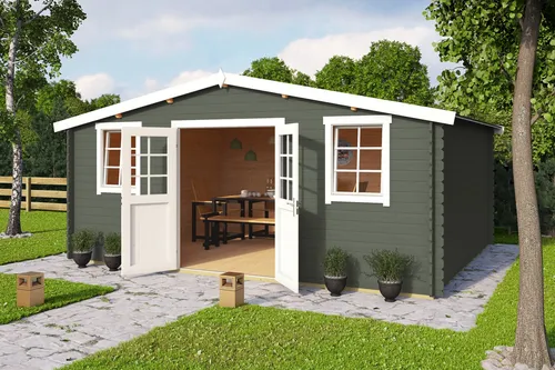 Gartenhaus Blockhaus Satteldach 28 mm Wels 5 grün - Gartenhaus mit 28 mm Wandstärke und Satteldach, abschließbar und ideal für Gartenlagerung oder Freizeitgestaltung. Maße: 530x420 cm, inklusive Holz-Boden und Echtglasfenstern.