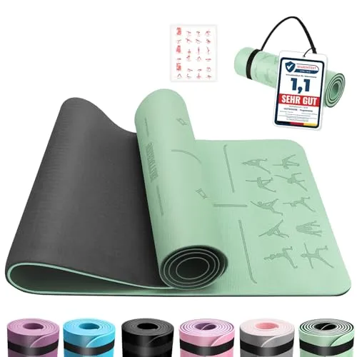 OUTDOUSE Yoga Matte, TPE 6mm Dicke Hautfreundliche Yogamatte Rutschfest Gymnastikmatte Pilates Gymnastik Meditation Stretching mit Trageriemen&Tasche Home Workout Sportmatte 183x61cm Grün&Schwarz