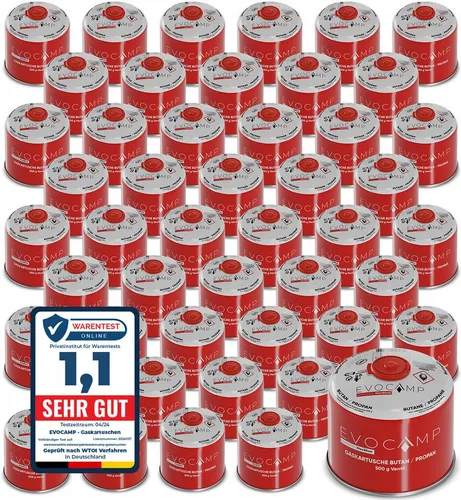 EVOCAMP Gaskartusche 500g - Butan/Propan mit Schraubventil - Hochwertige 500g Gaskartusche mit 20% Propan und 80% Butan, ideal für Camping, Angeln und Grillen. Betrieb auch bei kalten Temperaturen möglich, passt auf alle Geräte mit Euroanschluss 7/16