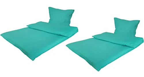 MB Warenhandel24 Bettwäsche Seersucker Microfaser 4 teilig Doppelpack Spar Set mit Reißverschluss 2X 135x200 cm + 2X 80x80 cm (Türkis)