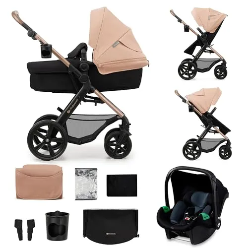 Kinderkraft MOOV2 Kinderwagen 3 in 1 - Beige - Multifunktionaler Kinderwagen für Neugeborene bis 26 kg mit Buggy-Funktion, verstellbarer Liegeposition und großem, ausziehbarem Verdeck für optimalen Komfort bei Stadtspaziergängen.
