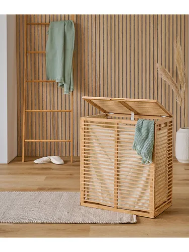 Zeller Wäschesammler aus Bambus und Baumwolle - Wäschesammler mit edlem Design, praktischen Funktionen und herausnehmbarem Canvas-Wäschebeutel für ein aufgeräumtes Zuhause.