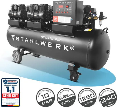 STAHLWERK Kompressor ST-2410 Pro – 10 bar, 240 L, 9,86 PS - Leistungsstarker ölfreier Druckluft-Kompressor mit 240 L Kesselvolumen und 1250 l/min Ansaugleistung. Ideal für den professionellen Einsatz mit einstellbarem Druck und hochwertigem Wasserabscheider.