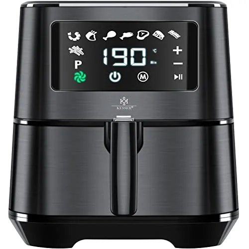 KESSER® XXL 5,5 Liter Heißluftfritteuse Edelstahl - Heißluftfritteuse mit 1700W, 8 Programmen und digitalem Touch Display. Bereiten Sie fettfreie Speisen schnell und einfach zu – inklusive Brotbackkorb und Rezeptbuch!