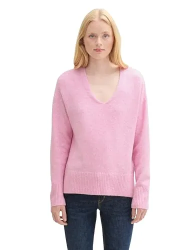 TOM TAILOR Denim Damen Cosy Strickpullover mit V-Ausschnitt, 35919 - Soft Pink Melange, L