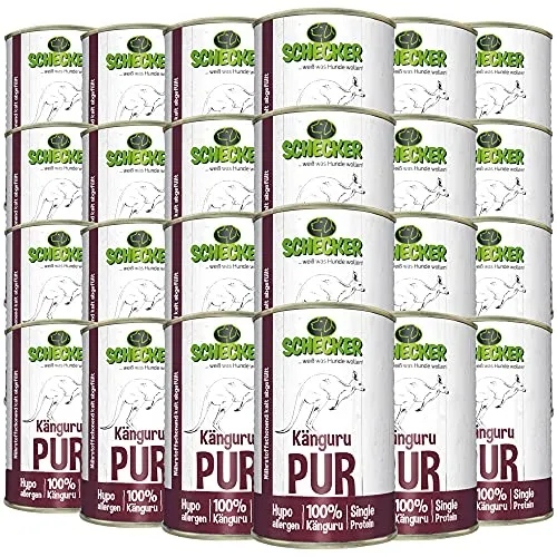 Schecker Nassfutter Känguru PUR - 24 x 410 g für empfindliche Hunde - Getreidefreies Nassfutter mit 4,5% Fett, ideal für empfindliche Hunde. Besteht aus hochwertigem Kängurufleisch und Innereien, sorgt für eine ausgewogene Ernährung.