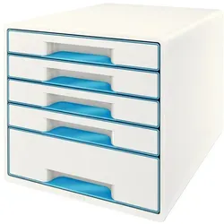 Leitz Schubladenbox 5214-20-36 WOW Cube, A4, 5 Fächer - Schubladenboxen aus Kunststoff in blau/weiß mit 5 leichtlaufenden Fächern und Auszugssperre. Ideal zur Organisation von Büro-Utensilien, stapelbar für optimalen Platz.