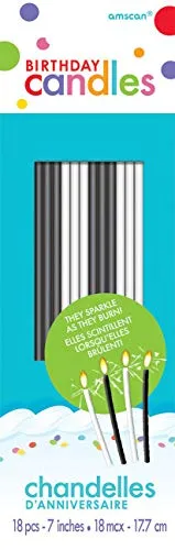Amscan 170001-99 - 18 Geburtstagskerzen Party Time Sparkling, Schwarz und Weiß, 18 Stück, Kuchenkerzen, 17,7 cm
