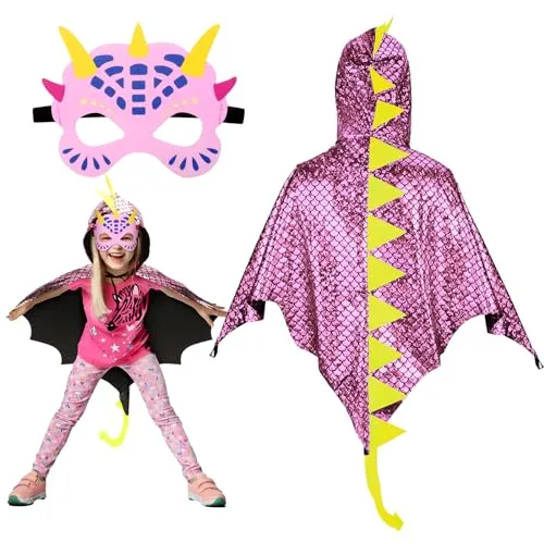 Landifor 2 Stück Dinosaurier Kostüm Kinder pink Dino Kostüm Drachen Flügel Umhang mit Dino Maske Rosa Dinosaurierkostüm Pterosaurier Verkleidung für Mädchen Fasching Karneval Halloween