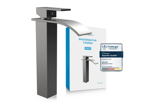 Bächlein Badarmatur Tamina - Wasserfall hoch, Anthrazit - Armatur für Waschbecken mit elegantem Wasserfallstrahl, flexible Anschlussschläuche und keramikbeschichtete Kartusche für langlebige Nutzung.