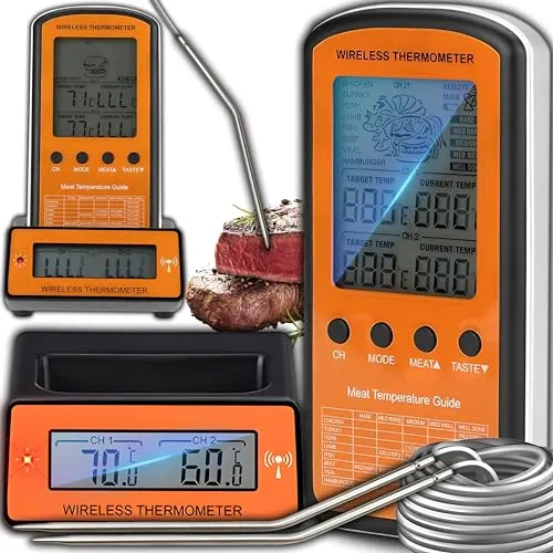 Retoo Kabelloses Grillthermometer mit 2 Sonden - Bratenthermometer mit drahtloser Temperaturkontrolle bis 30m, ideal für präzises Garen von Fleisch mit 5 einstellbaren Garstufen von -50 bis +300°C.