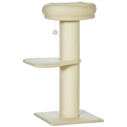 PawHut Kratzbaum für Katzen - Beige, mit Sisalpfosten und Plattform - Aktivitätskratzbäume mit 3 Ebenen, ideal zum Spielen und Entspannen für Katzen bis 6 kg. Hochwertiger Plüsch und stabile Konstruktion sorgen für Langlebigkeit und Komfort.