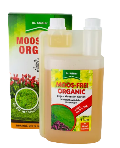 Dr. Stähler Moos-Frei ORGANIC 1000 ml - Effektiver Moos-Entferner für Ihren Rasen - Abwehr- & Abschreckungsmittel mit Pelargonsäure, biologisch und umweltfreundlich, ideal für eine moosfreie Rasenfläche.
