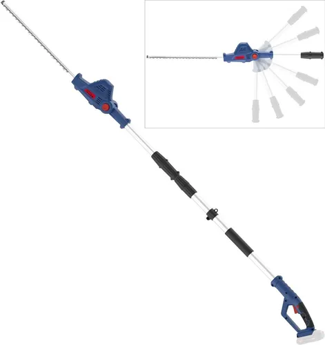 Güde 58593 Akku Teleskop Heckenschere HST 18-0 - Heckenschere mit 43 cm Schnittlänge, 15 mm Schnittstärke und 6-fach schwenkbarem Kopf für flexibles Schneiden bis 2,65 m Höhe. Ergonomisches Design mit Softgriff für maximalen Komfort.