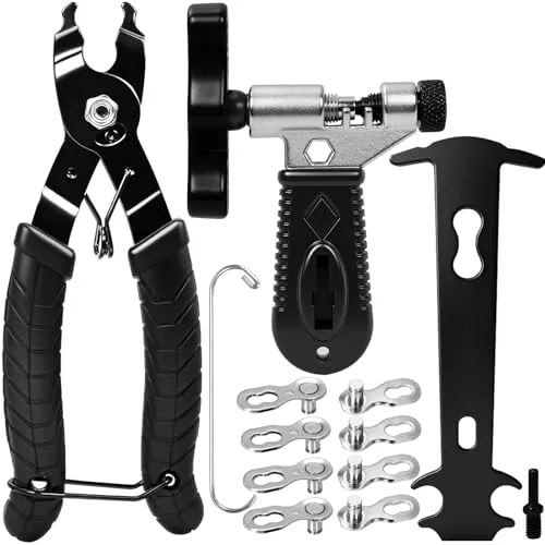 SBGGRL Kettenschloss Zange Set, Fahrradkette Kürzen Werkzeug, Kettenbrecher, Kettenzange Kettenspanner und Kettenlehre, 4 Paar fehlende Glieder für einzelne 6/7/8/9/10/11-fach- Fahrradkette Set