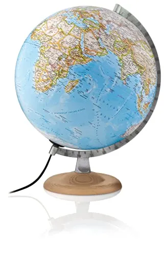 National Geographic Silver Classic Tischleuchtglobus 30 cm - Klassischer Globus mit politischer Darstellung, edlem Buchenholzfuß und Metallmeridian – ideal für Bildung und Dekoration.