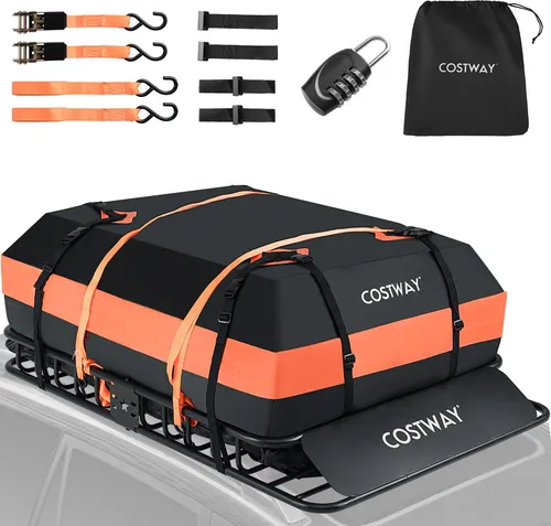 COSTWAY Dachbox Auto mit Dachträger, 425L Dachkoffer wasserdicht mit Dachgepäckträger, Schloss, 6 Türhaken & Tragetasche Dachtasche Gepäckbox bis 90kg