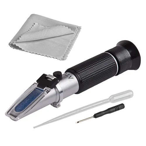 Handrefraktometer 0-32% Brix - Zuckergehalt Messgerät - Thermo- & Refraktometer mit hoher Genauigkeit ± 0,2% und gut ablesbarem Display. Ideal für Frucht- und Weinmessungen, inklusive Pipette und Hartschalenbox.