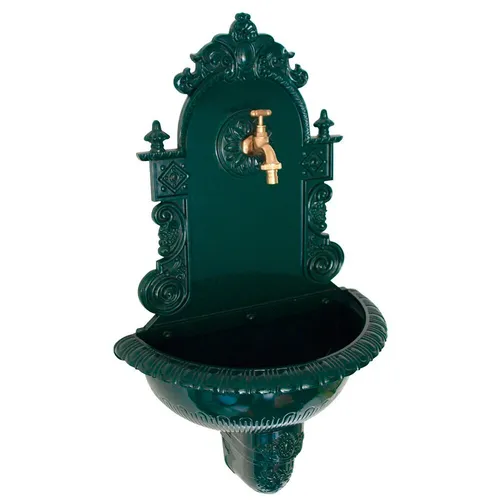 Wandbrunnen Grün Antik-Look - Zierbrunnen im Antik-Stil, ideal für den Garten. Aus robustem Metall, mit einer Höhe von 75 cm und einer breiten Wasserfläche für eine entspannende Atmosphäre.