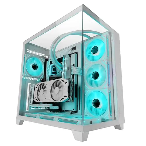 Mars Gaming MC-3C, Gaming-ATX-Gehäuse, 3D-Panoramablick mit Dreifach-gehärtetem Glas, Seitliches Doppelkammer-Design, Vollständige Unterstützung Wasserkühlung, Mid-Tower-PC mit Kabelmanagement, Weiß