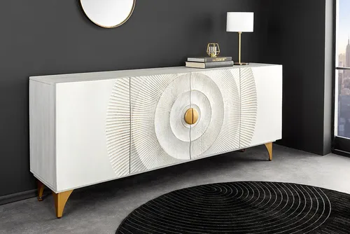 riess-ambiente Sideboard GOLDEN SUNSET 180cm weiß / gold - handmade, Mangoholz, Metallbeine (Einzelartikel, 1 St), Kommode mit 3D Front & Stauraum - ideal für moderne Wohnzimmer