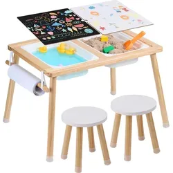 SucceBuy Sensorisches Tisch- und Stuhlset für Kinder, aus Holz mit 2 Hockern und Behältern – Geschenk