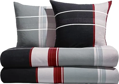 Erwin Müller Bettwäsche Sparpaket 4-teilig Feinbiber rot-anthrazit-Silber Größe 2X 155x220 cm + 2X 80x80 cm