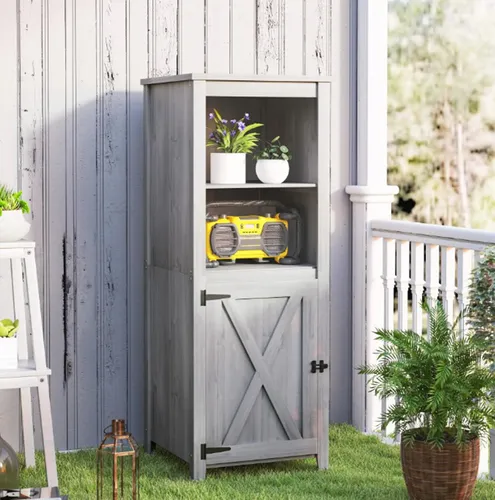 XDeer Gerätehaus Gartenschuppen mit Scheunentür - Kompakter Geräteschuppen mit 2 verstellbaren Regalen für flexible Organisation. Ideal für kleine Gärten dank platzsparendem Design und charmantem rustikalem Look.