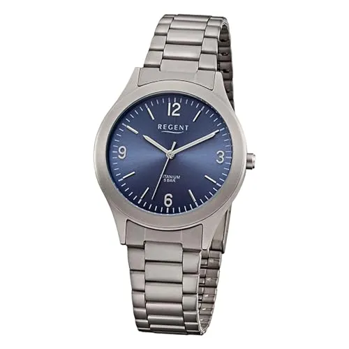 Regent Herrenarmbanduhr Titan F-1438 - Grau mit blauem Zifferblatt - Herrenuhr aus Titan mit präzisem Quarzwerk, stilvollem blauen Zifferblatt und robustem Metallarmband. Ideal für den Casual-Look und bis 5 bar wasserdicht.