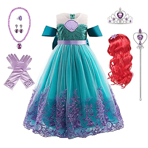 Kosplay Mädchen Meerjungfrau Prinzessin Kleid mit Accessoires Perücken Meerjungfrau Verkleidung Kinder Abendkleid Geburtstag Party Weihnachten Halloween Karneval Cosplay Kostüm Grünes