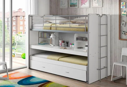 Ponny Etagenbett 90 x 200 cm Weiß, Matratze: Ohne - Multifunktionales Hochbett - Betten für Kinder mit 2 Liegeflächen und ausziehbarem Schreibtisch. Platzsparendes Design, ideal für kleine Räume. Maximale Matratzenhöhe 20 cm, inkl. Lattenroste und Bettkasten für zusätzlichen Stauraum.