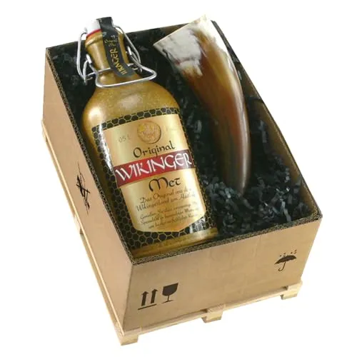 Bull & Bear Wikinger Geschenkset mit Met Honigwein 11% Vol. in Tonflasche, Mini-Geschenkpalette mit Trinkhorn, Geschenke für Männer und Vatertag
