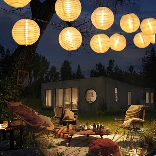 LQWELL® Solar Lichterkette Lampions Aussen - Lampen: 8 Meter lange Solarlaternenkette mit 30 LED, 2 Modi und IP65 wasserdicht für stimmungsvolle Dekorationen im Freien, ideal für Partys und Hochzeiten.