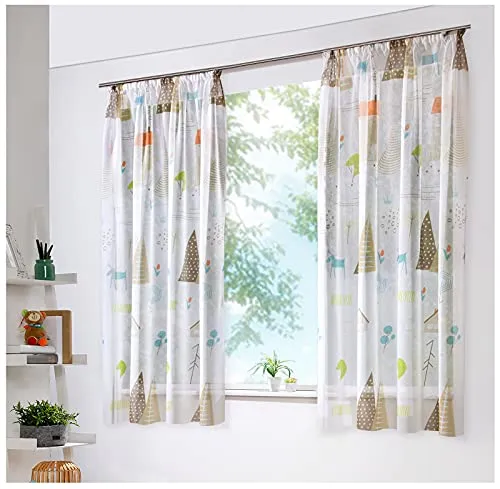 heimtexland ® Vorhang Kindergardine Skandi Leinen Optik Natur Bunt Deko Gardine Kinderzimmer Transparent Typ755 Bandschal HxB 145x135 cm