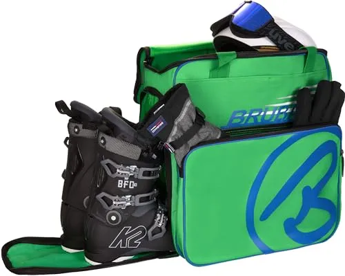 BRUBAKER Skischuhtasche Super Champion Grün Blau - Limited Edition - Stilvolle Skischuhtasche mit separater Stiefel-Garage und robustem wasserabweisendem Material. Ideal für Skifahrer und Snowboarder, bietet sie optimalen Schutz und komfortablen Transport.