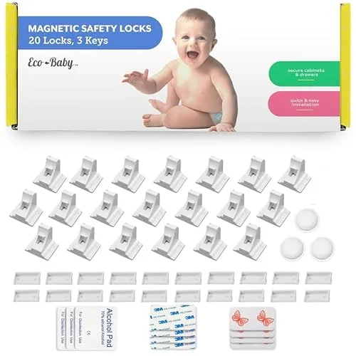 Eco-Baby Kindersicherung Schrank- und Schubladensicherung - Magnetisches Schrankschloss ohne Bohren - Schranksicherung für Baby Sicherheit in Küche, Bad, Wohnzimmer - 20 Schlösser und 3 Schlüssel