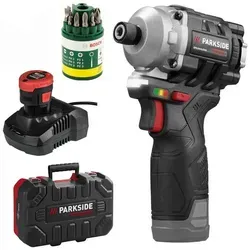 PARKSIDE PERFORMANCE® 12V Akku-Drehschlagschrauber PDSSAP 12 mit Bosch Bitset - Leistungsstarker Akku-Drehschlagschrauber mit 2 Ah Akku und 10-teiligem Bosch Bitset für vielseitige Anwendungen. Ideal für Heimwerker und Profis.