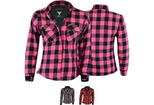 BULLDT Damen Motorradhemd mit abnehmbaren 4CE-Protektoren – Klassisches Holzfäller Flanellhemd in Rosa - Hochwertiges Damen Motorradhemd aus 100% Baumwolle mit Aramid-Kevlar-Futter für zusätzlichen Schutz. Praktische Taschen und verstellbare Ärmelbündchen bieten Komfort und Funktionalität.