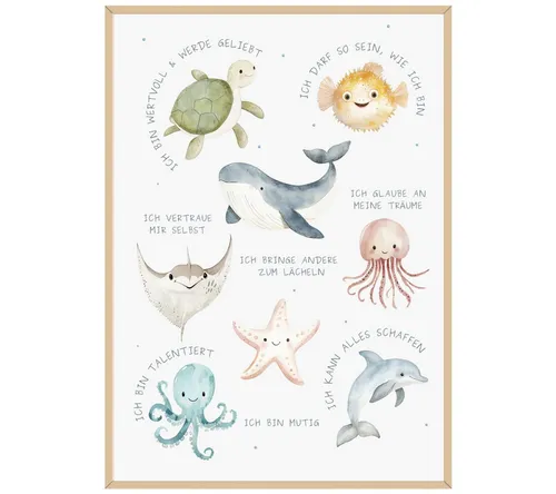 Things of Happiness Poster Affirmationsposter für Kinder DIN A3, Kinderzimmer Wandbild, Meerestiere & Ozean, Poster Affirmation Geschenk zur Geburt, Taufe, Kindergeburtstag