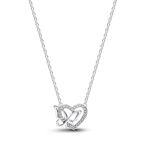 PANDORA Moments Halskette Herz Schmetterling Anhänger, 925 Sterling Silber - Elegante Halskette mit filigranem Herz-Schmetterling-Anhänger aus 925 Sterling Silber. Funkelnde Cubic Zirkonia setzen strahlende Akzente und machen sie zum perfekten Schmuckstück für besondere Anlässe.