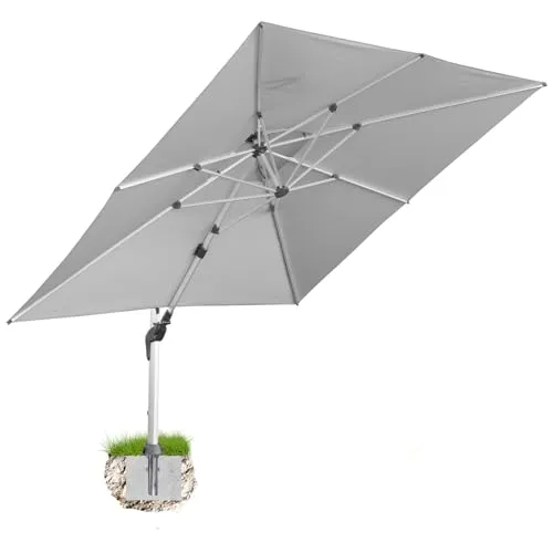 anndora Aluminium Ampelschirm 350 x 350 cm mit Kurbelsystem - Drehbar, Neigbar, Kippbar - Marktschirm, Gartenschirm - Farbe Silber Grau mit Bodenanker